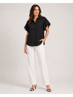 Nine West Women Black Button-Down With Ruffle Sleeves Blouse Size M